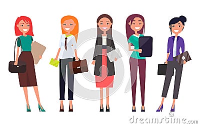 Set Women in Formal Wear with Laptops Envelopes Vector Illustration