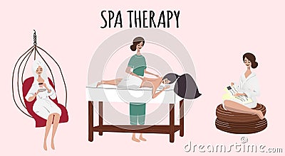 Set of women or girls on spa procedures. Flat girls relaxing after spa, girl is lying at the table on Thai massage. Vector Illustration