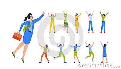 Set of Women with Hands Up, Female Characters Rejoice, Businesswoman with Briefcase, Girls Jumping, Celebrate Success Vector Illustration