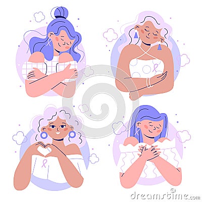 Set of women that love themselves. Concept of taking care of yourself. Breast cancer awareness day Vector Illustration