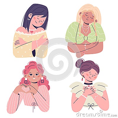 Set of women that love themselves. Concept of taking care of yourself Vector Illustration