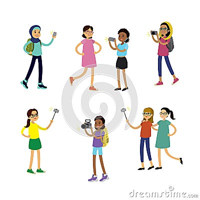 Set women making photos and selfies on various gadgets Vector Illustration