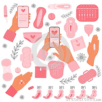 Set of women menstrual cycle. Menstruation. Period. Various menses products Vector Illustration