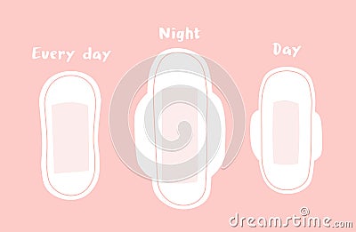 Set of women menstrual pads for everyday, night, day wear. Period pads flat illustrations set. Vector Illustration