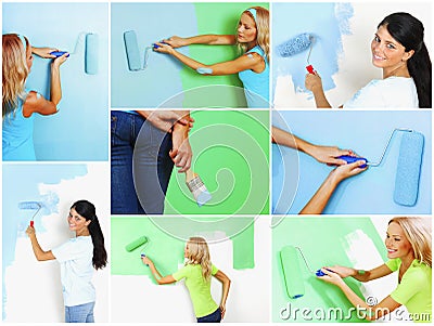 Set of women painting a wall Stock Photo