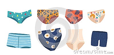 Set of Women Panties, Underwear Types, Thong, Tanga, Pantaloons or Bikini. Cheeky, , Boyshorts, Classic or High Waist Vector Illustration