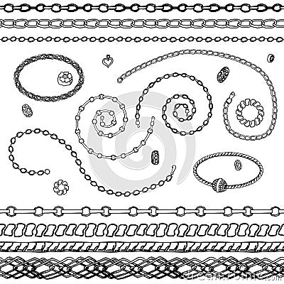 Set - women`s fashion. Bracelets, beads, chains, pendants, ring, beads. Contour, black and white. Chains are endless, seamless Vector Illustration