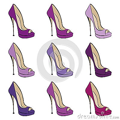 Set of women`s fashionable purple high-heeled shoes. Shoes with an open toe. Design suitable for icons Vector Illustration