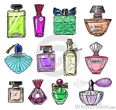 Set of Women`s perfume in a bottle. Beautiful fashionable glass accessory. Hand Drawn Sketch. Vintage style. Vector Illustration