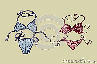 Set of women`s swimsuits. Hand drawn Cartoon Illustration