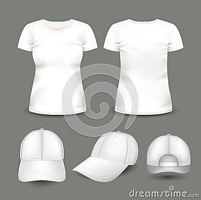 Set of women`s white t-shirt and cap in front and back views. Volumetric vector template. Vector Illustration