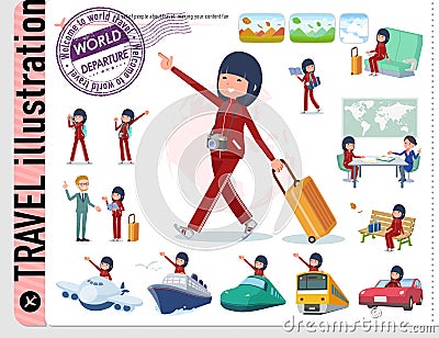 A set of women in sportswear on travel.There are also vehicles such as boats and airplanes.It`s vector art so it`s easy to edit Vector Illustration