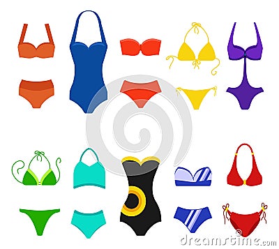 Set of women swimsuit isolated on white background. Bikini bathing suits for swimming. Fashion bikini, tankini and Vector Illustration