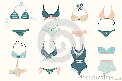 Set of women swimwear isolated on light background Vector Illustration
