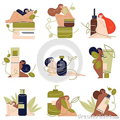 Set of women using natural organic cosmetics for skincare and bodycare Vector Illustration