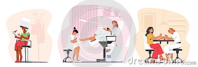 Set Women Visiting Beauty Salon. Female Apply Manicure, Pedicure and Hairstyling Procedures. Girl in Beautician Place Vector Illustration