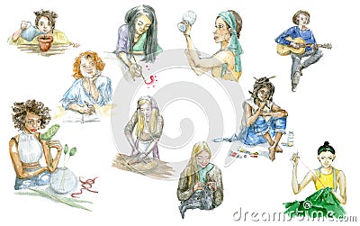 Set of womens characters hand-drawn by watercolor, isolated on white background. Art image of people hobby, profession Stock Photo