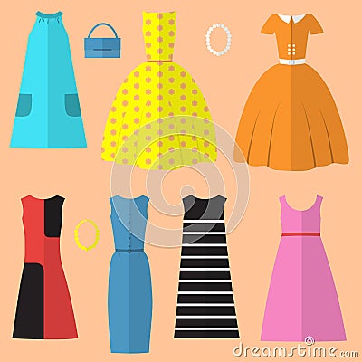 Set of womens clothing and accessories in the sixties style Vector Illustration