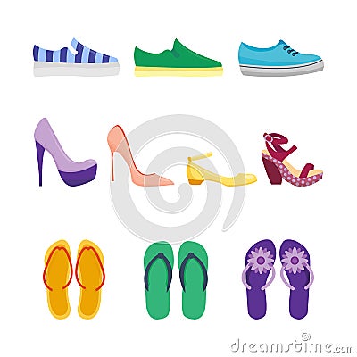 Set of womens shoes flat design vector collection of leather colored moccasins boots illustration. Vector Illustration