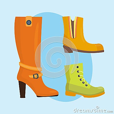 Set of womens shoes flat design vector collection of leather colored moccasins boots illustration. Vector Illustration