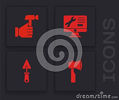 Set Wooden axe, Hammer, Computer monitor service and Trowel icon. Vector Vector Illustration