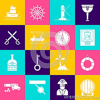 Set Wooden barrel, Lifebuoy, Wanted poster pirate, Lighthouse, Boat with oars, Crossed swords, Ship and Compass icon Vector Illustration