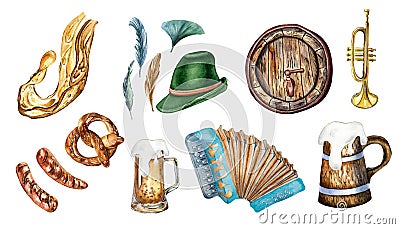 Set of wooden barrel, pint of beer, german hat, accordion watercolor illustration isolated on white. Pretzel, trumpet Cartoon Illustration