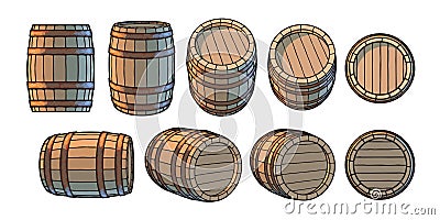 Set of wooden barrels in different positions. Front and side view, at different angles Vector illustrations isolated on Vector Illustration