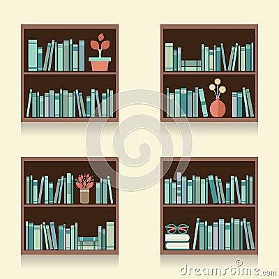 Set Of Wooden Bookshelves On Wall Vector Illustration