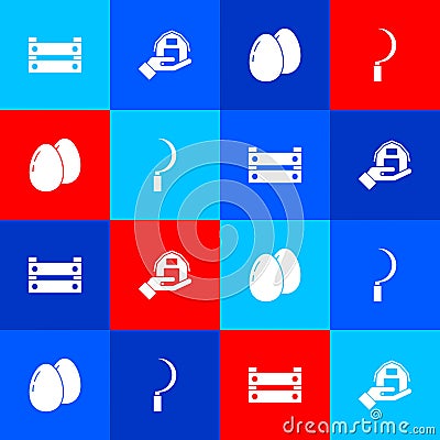 Set Wooden box, Farm house in hand, Chicken egg and Sickle icon. Vector Vector Illustration