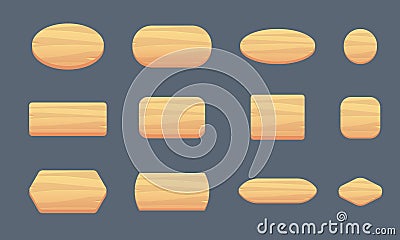 Set of wooden buttons for a gaming interface of various shapes. Wooden forms for writing. Vector Illustration