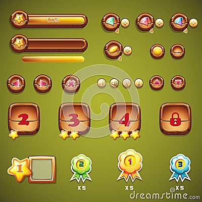 Set of wooden buttons, progress bars, and other elements for web design Vector Illustration