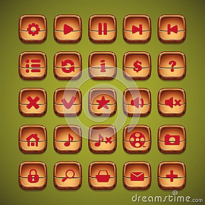 A set of wooden cartoon buttons for the user interface of computer games and web design Vector Illustration