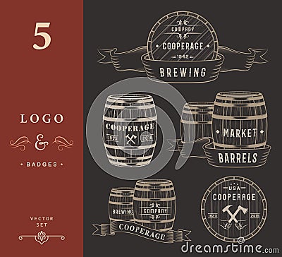 Set Wooden Casks Badges and Cooperage Logo Stock Photo