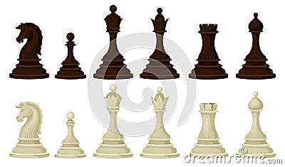 Flat vector set of wooden chess pieces. Brown and beige figures of strategic board game Vector Illustration