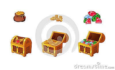Set of wooden chests with coins and gems for the game UI Vector Illustration