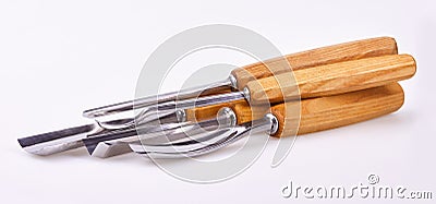 Set of wooden chisels for carving wood, sculpturing tools Stock Photo