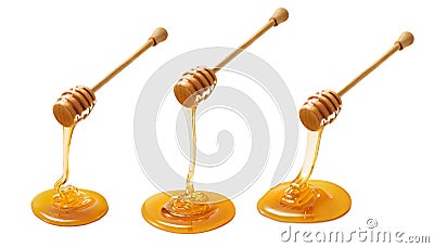 Set of wooden dippers with dripping honey isolated on white back Stock Photo