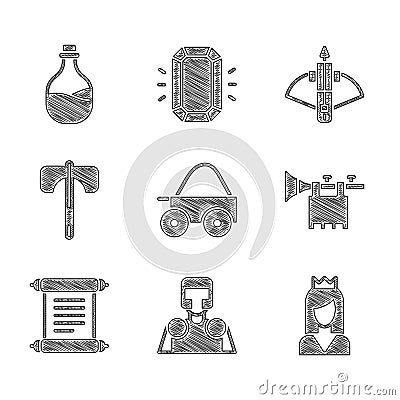 Set Wooden four-wheel cart, Medieval knight, Princess, Trumpet with flag, Decree, parchment, scroll, axe, Battle Vector Illustration