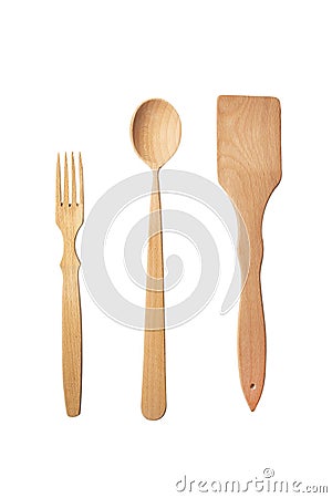 Set of wooden items for cooking: spoon, fork, spatula. Wooden cooking utensils Stock Photo