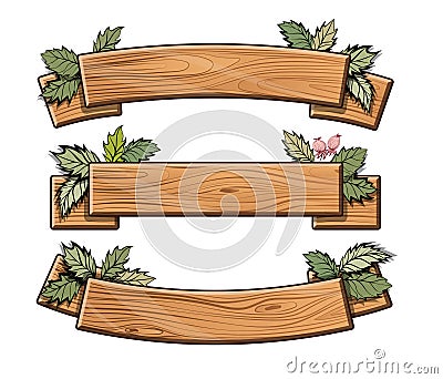 Set of wooden plates. Green leaf. Vector Illustration