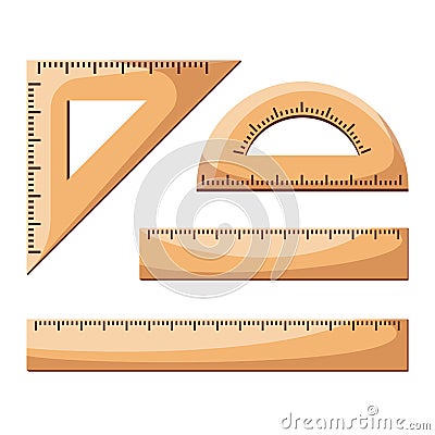 Set of wooden rulers. Triangular ruler, protractor. Back to school. Vector Illustration