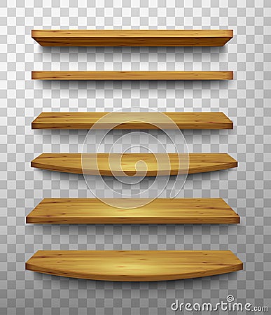 Set of wooden shelves on a transparent background. Vector Illustration