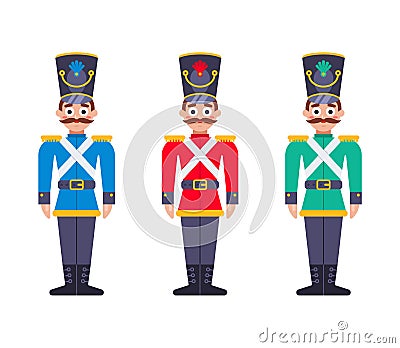 set of wooden soldiers of the 19th century. multicolored soldier uniform. Vector Illustration
