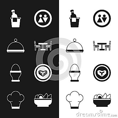 Set Wooden table with chair, Covered tray, Champagne in an ice bucket, Toilet, Chicken egg on stand, Steak meat plate Vector Illustration