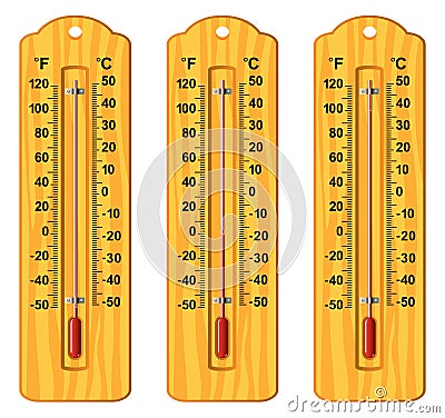 Set of wooden thermometers at different levels, vector Vector Illustration