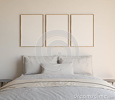 Set of 3 wooden thin frame mockups, 3 frames on the wall in the bedroom, empty poster mockup design Stock Photo