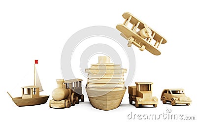 Set of wooden toys - different types of transport. Cartoon Illustration