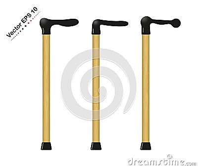 Set wooden walking stick cane, assistance, medical. Vector illustration isolated on white background. Vector Illustration