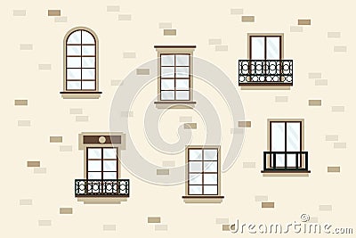 Set of wooden window frames. The architecture of the house, the appearance of the city, the wall of the house. Detailed Vector Illustration